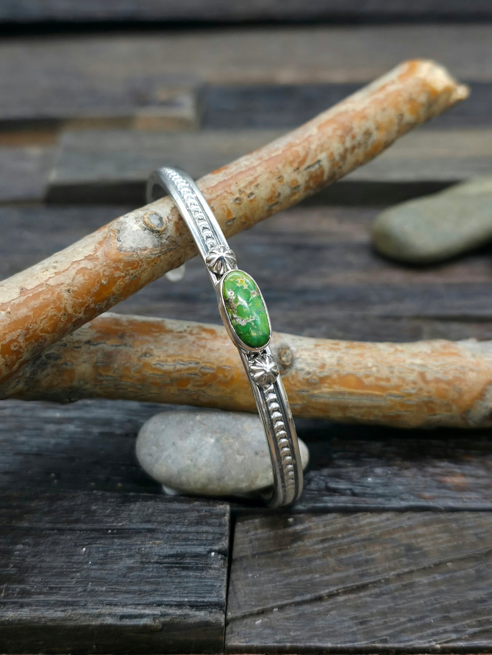 Single-Stone Green Turquoise Sterling Silver Cuff by June Delgarito - 6 1/2