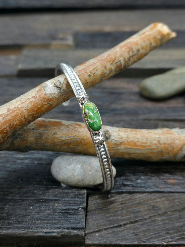 Single-Stone Green Turquoise Sterling Silver Cuff by June Delgarito - 6 1/2