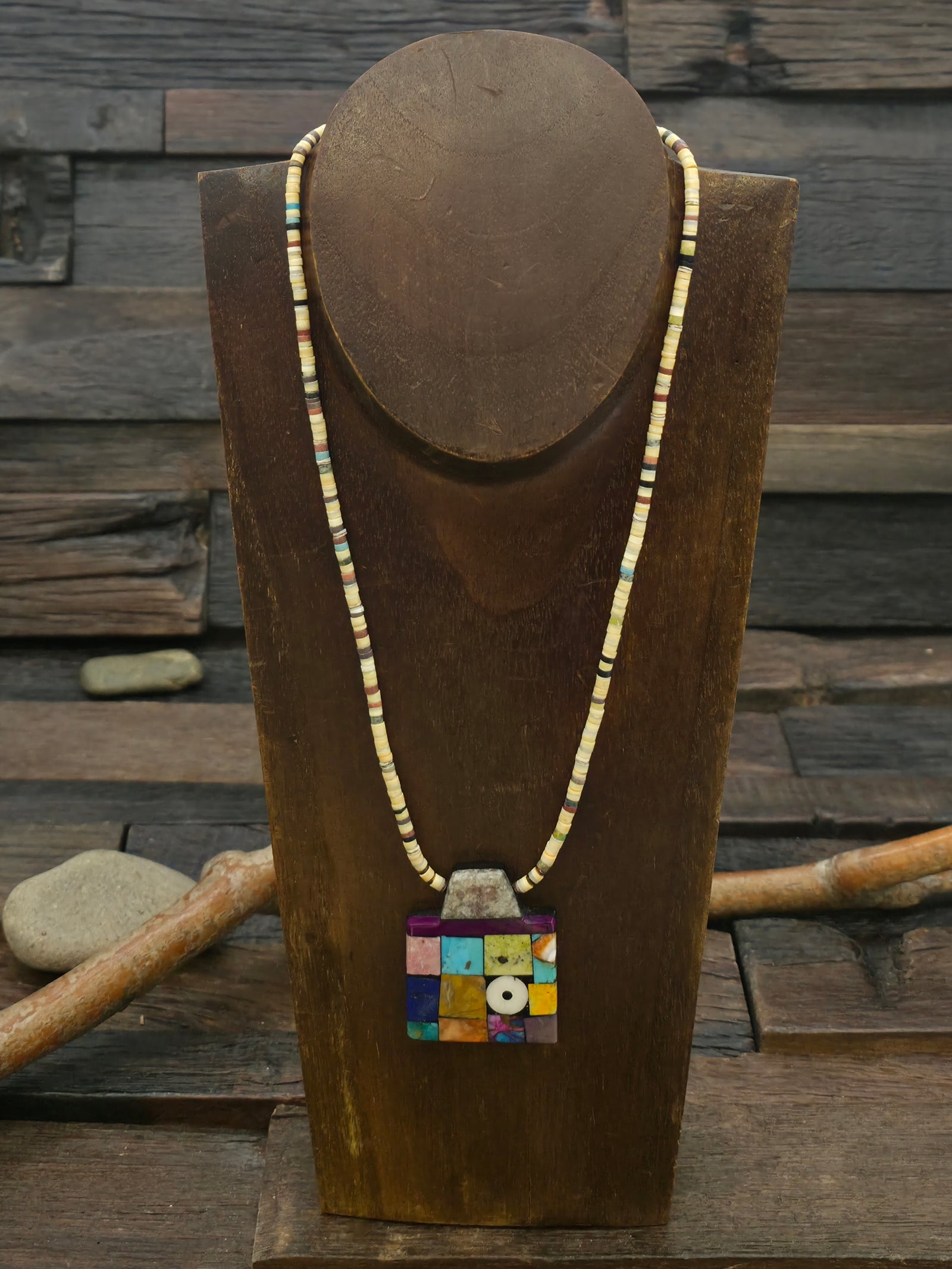 Clamshell Heishi Necklace with Mosaic Inlay Pendant by Mary Tafoya - 18 in.