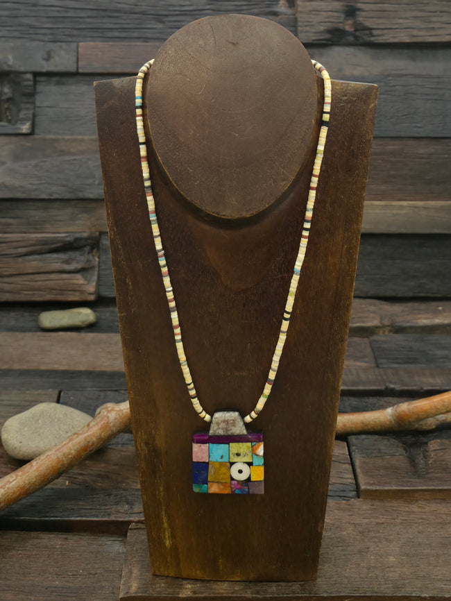 Clamshell Heishi Necklace with Mosaic Inlay Pendant by Mary Tafoya - 18 in.