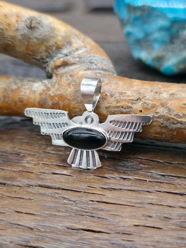 Sterling Silver Onyx Thunderbird Pendant by Lucille Platero - 1 in. by 1 1/2 in.