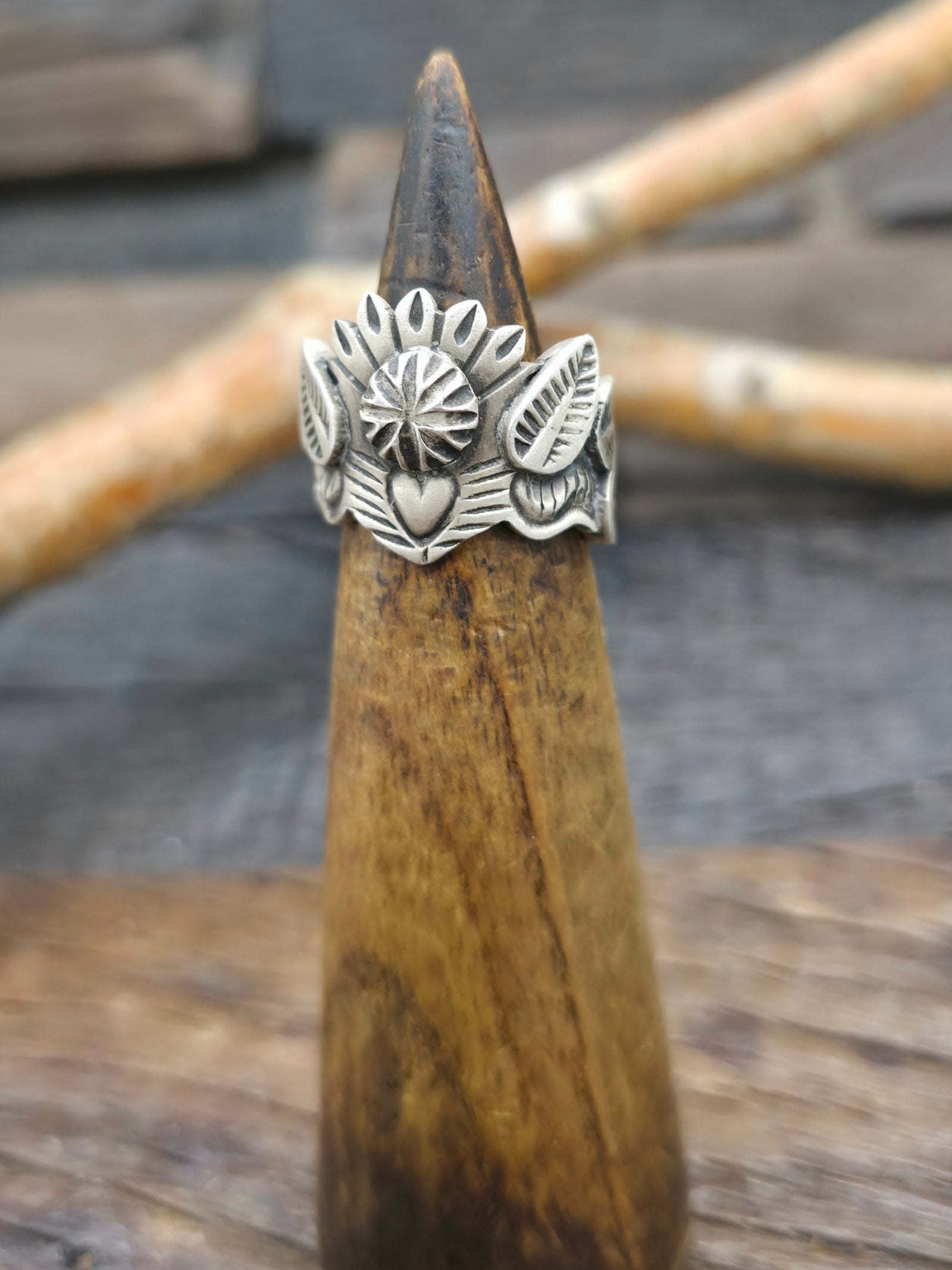 Stamped Sterling Silver Botanical Heart Ring by Darrel Cadman - Size 7