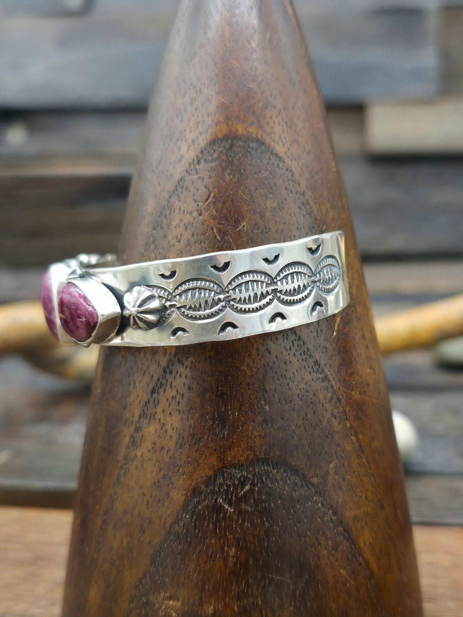 Stamped Sterling Silver and Purple Spiny Cuff by Rosella Paxton  - 7 in.