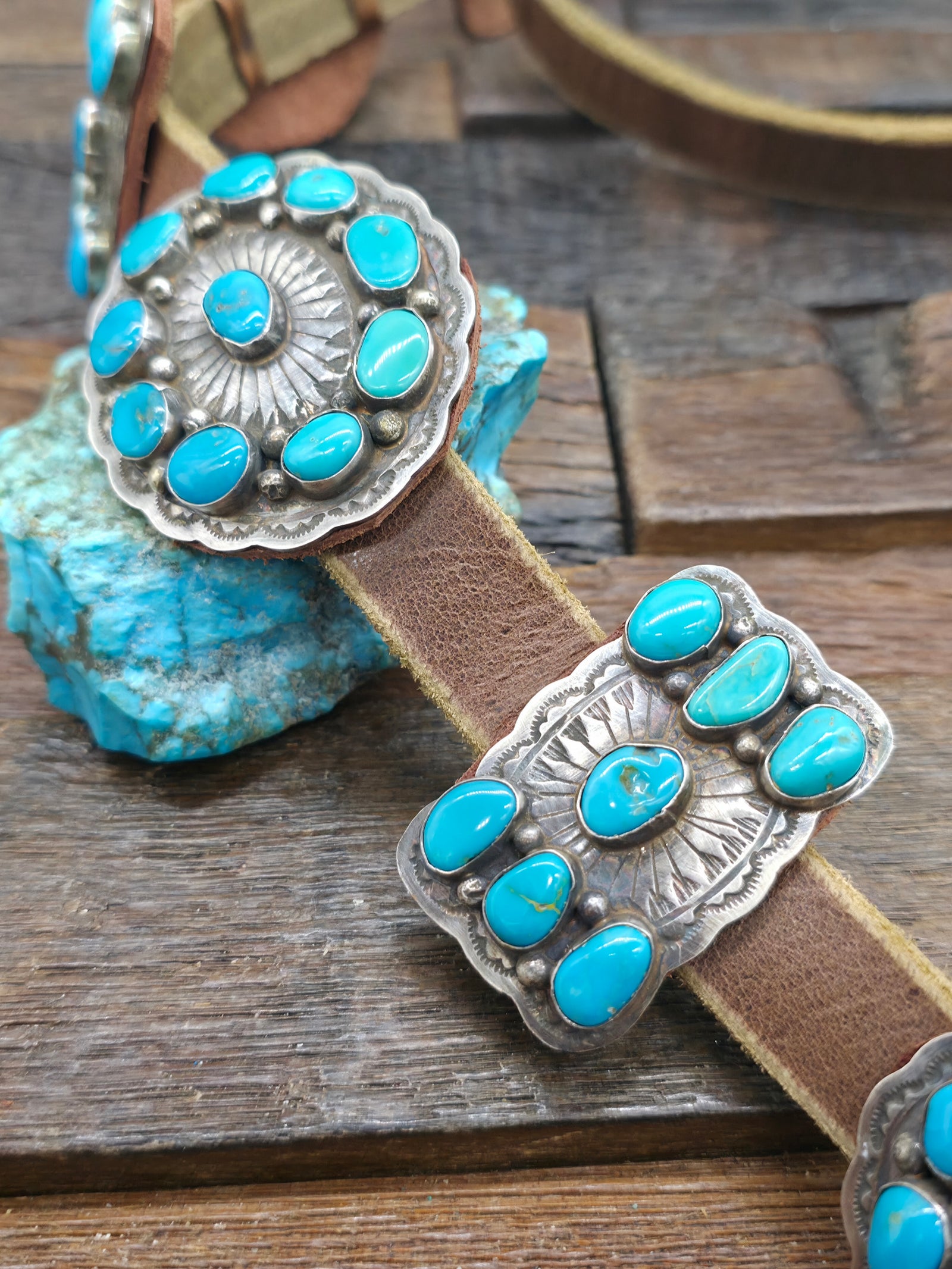 Stamped Sterling Silver and Turquoise Concho Belt by Dan Morgan - 52 in.