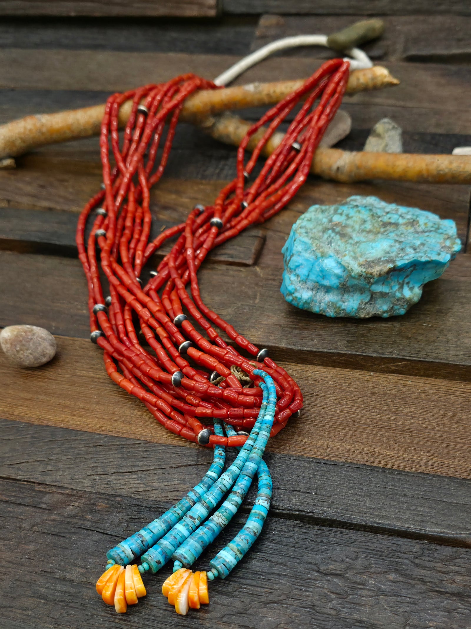 Eight Strand Oxblood Coral and Sterling Silver Bead Necklace with Turquoise and Spiny Jacla by Mel Masquat - 34 in. with 4 1/4 in. Drop