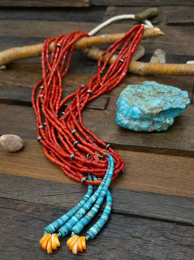 Eight Strand Oxblood Coral and Sterling Silver Bead Necklace with Turquoise and Spiny Jacla by Mel Masquat - 34 in. with 4 1/4 in. Drop