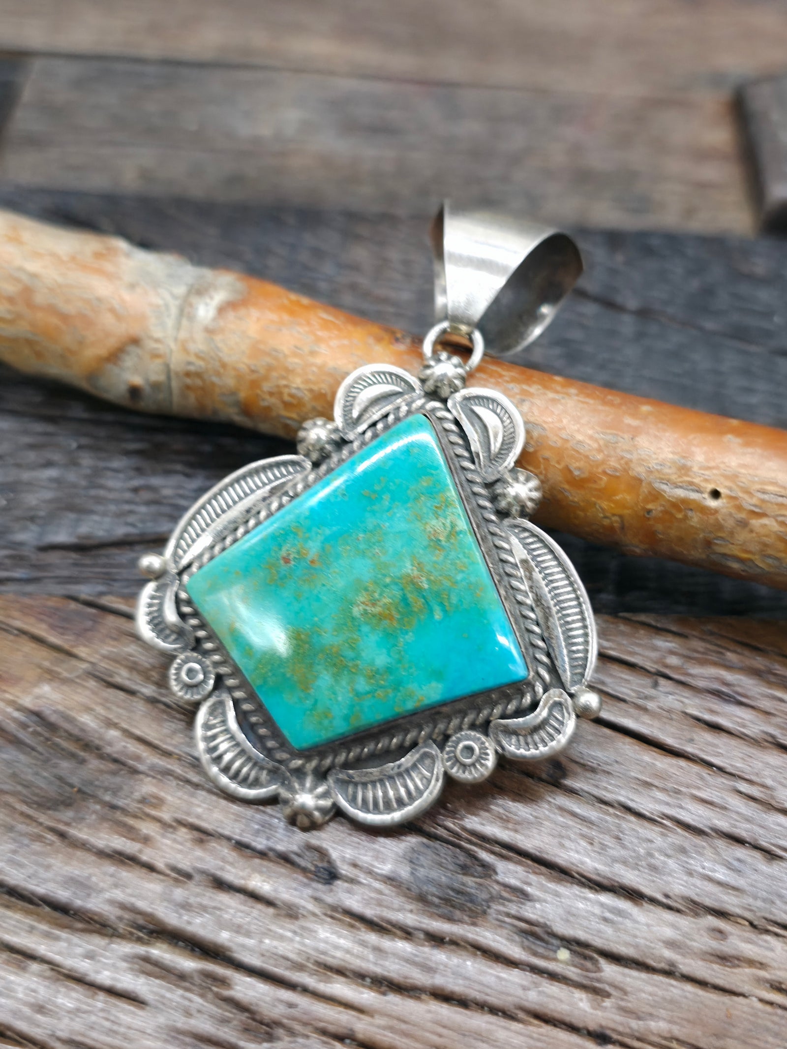 Stamped Sterling Silver Turquoise Pendant by Ella Linkin - 2 1/2 in. by 1 3/4 in.