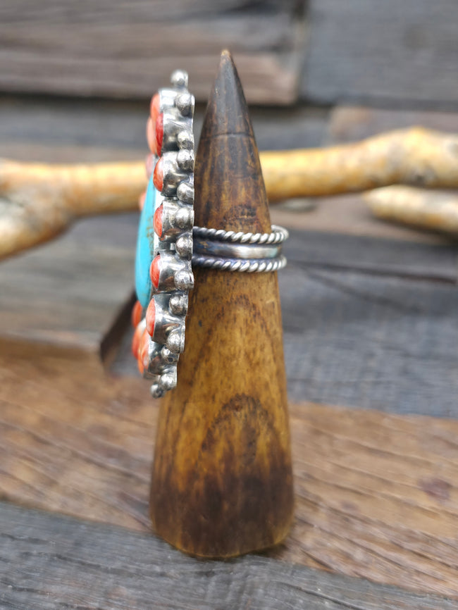 Sterling Silver Turquoise and Red Spiny Ring by Devin Brown - Adjustable