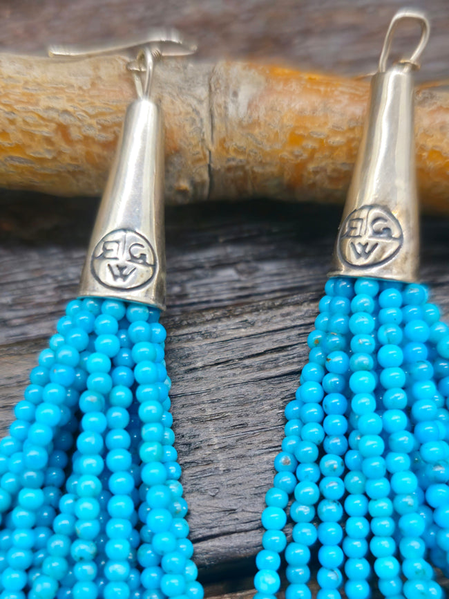 Bright Blue Turquoise Stone Bead Tassel Earrings