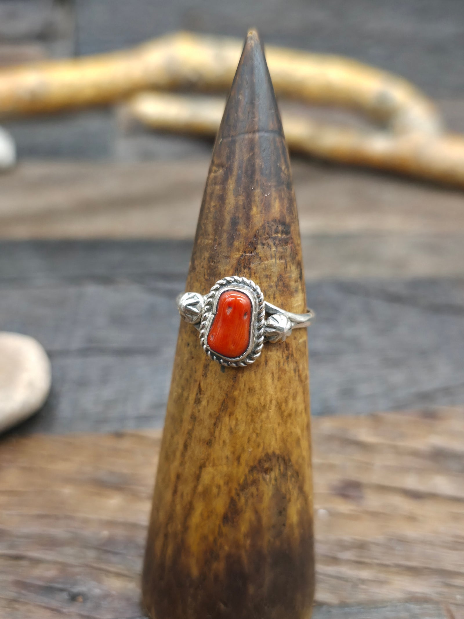 Sterling Silver Coral Nugget Ring by "S" - Size 11