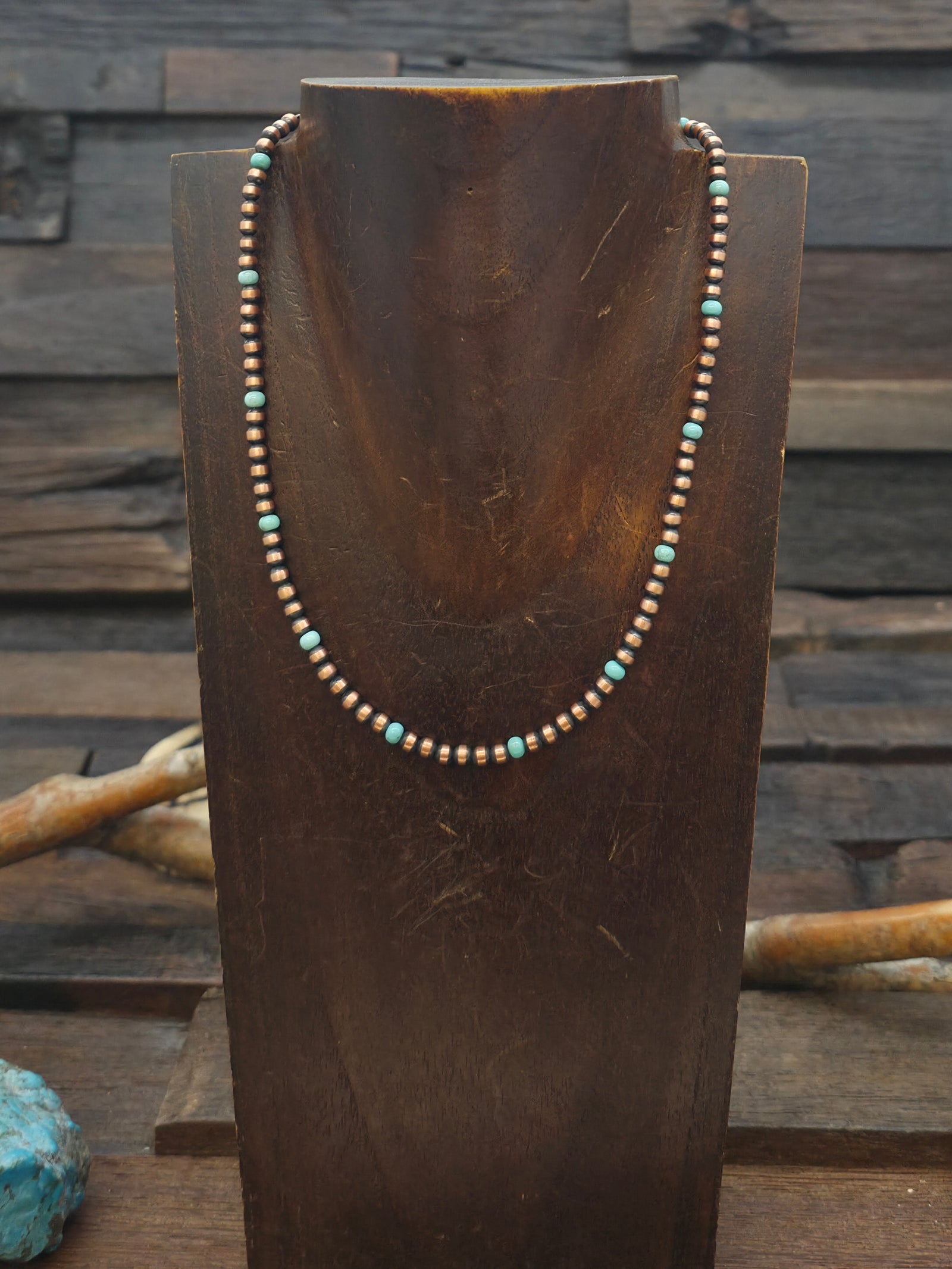 4 MM Bead Copper and Turquoise Necklace - 14 in. with 2 in. Extender