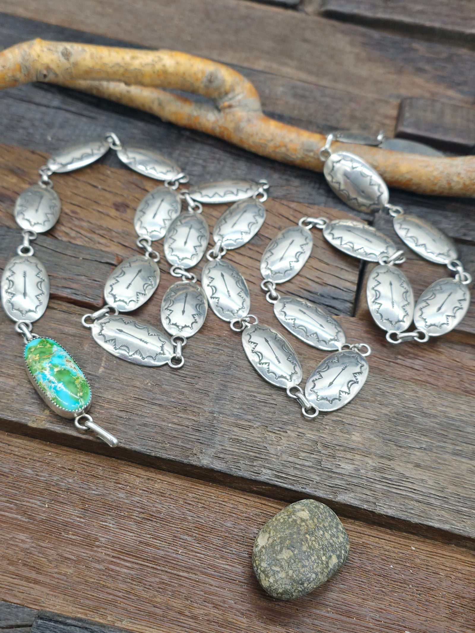 Stamped Sterling Silver Link Belt with Sonoran Turquoise Buckle by Thomas Nez - 45 in.