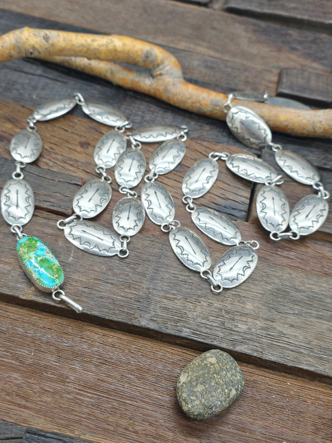 Stamped Sterling Silver Link Belt with Sonoran Turquoise Buckle by Thomas Nez - 45 in.