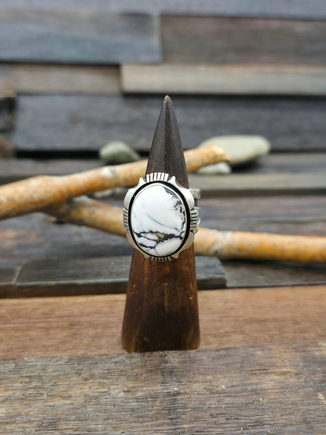 Wide White Buffalo and Sterling Silver Ring by C. Willie - Size 12