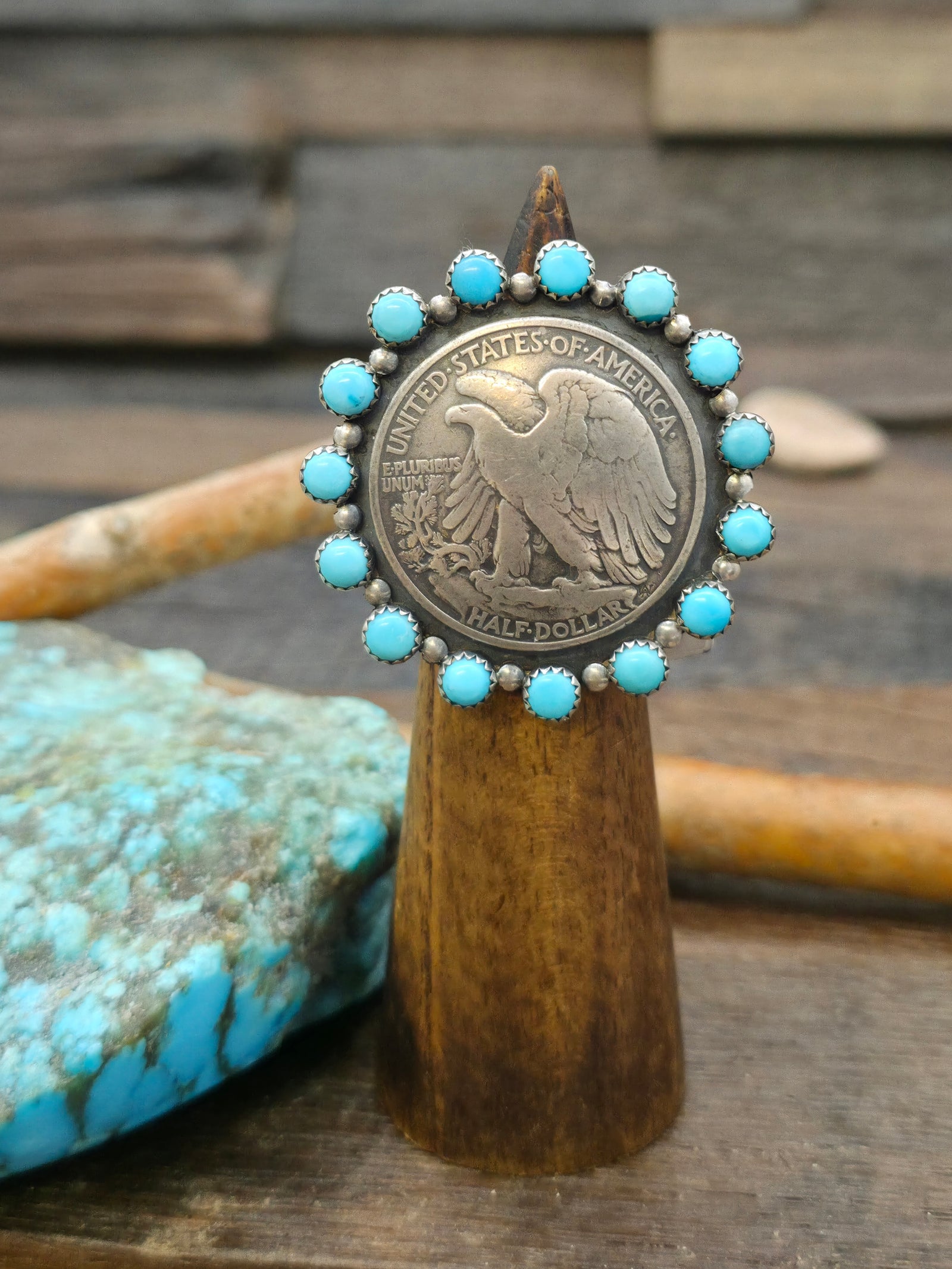 Eagle Half Dollar Coin Ring with Turquoise by Larry Archuleta - Size 6
