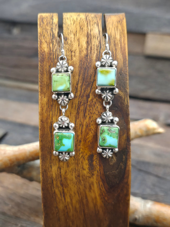 Two Stone Sonoran Turquoise Sterling Silver Hook Earrings by Rosella Paxton - 2 1/2 in.
