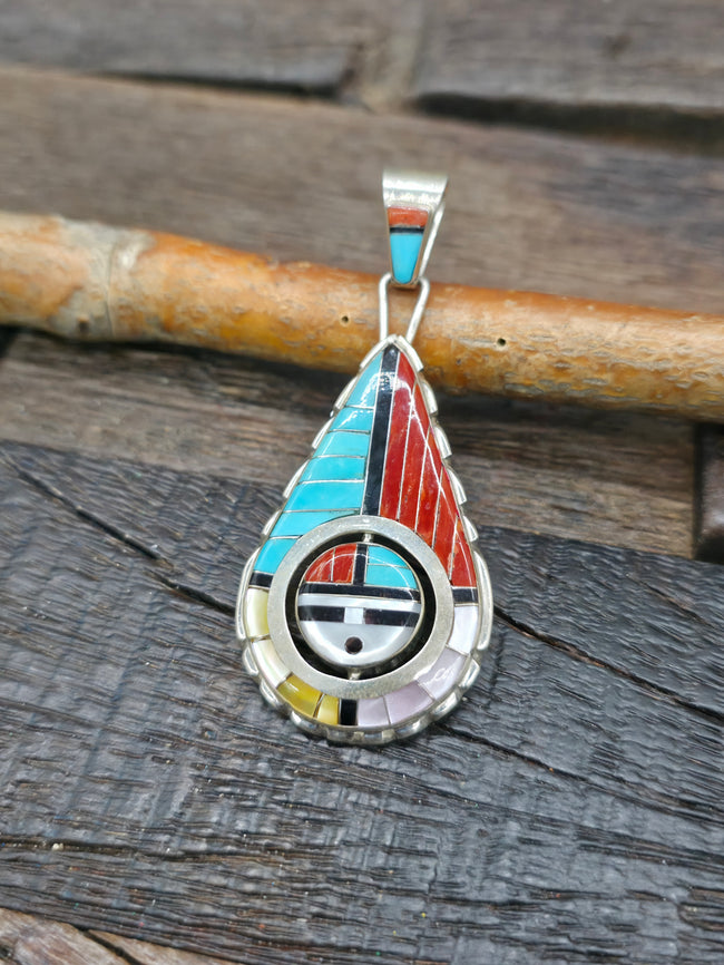 Teardrop Sterling Silver Zuni Inlay Sun Face Pendant by Don Dewa - 2 3/4 in. by 1 1/4 in.