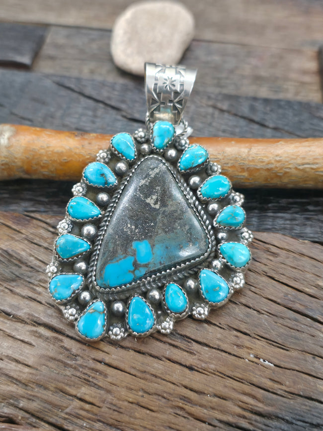 Sterling Silver Blue Gem Boulder Turquoise Cluster Pendant by Rosella Paxton - 3 in. by 2 in.