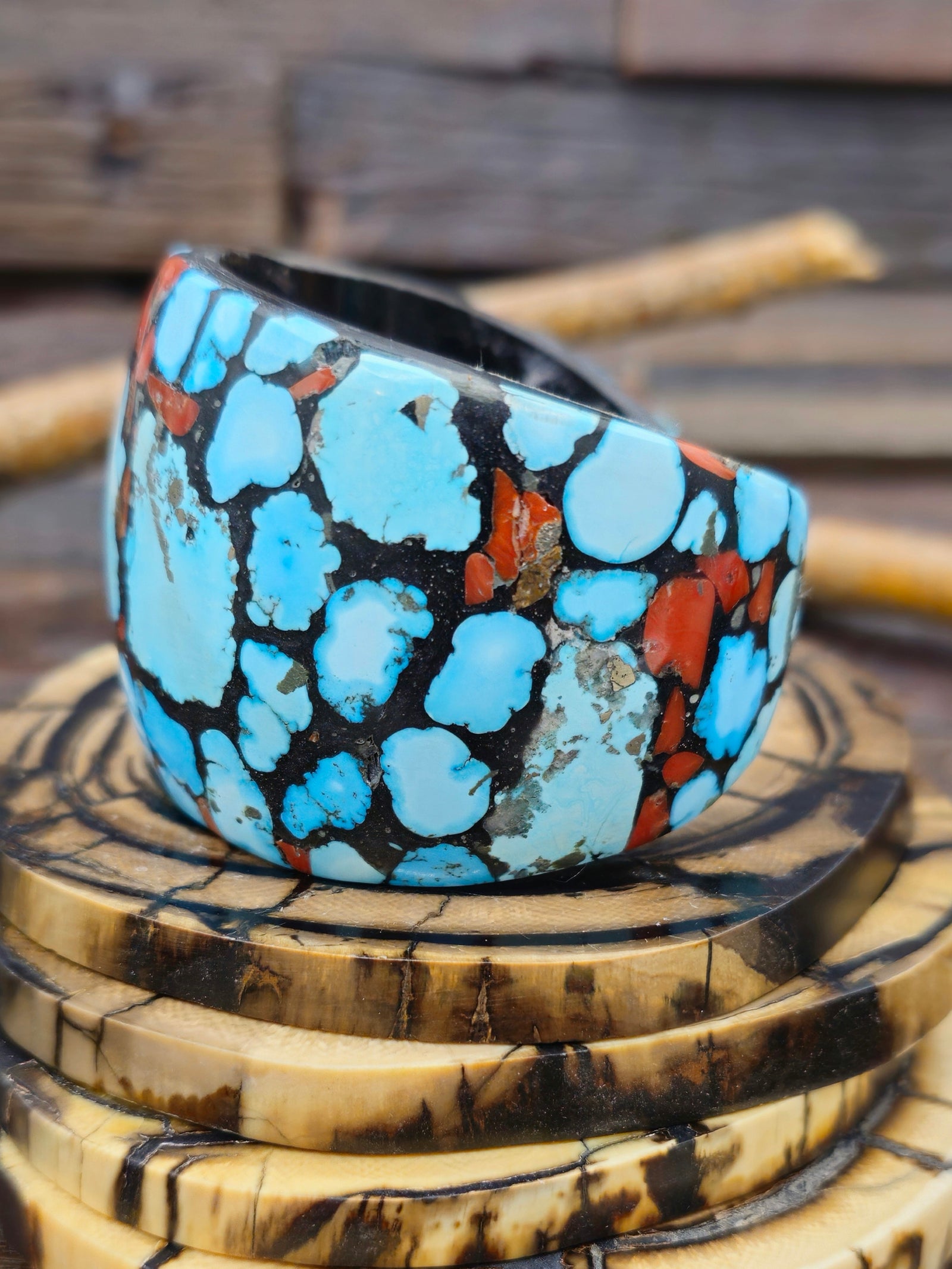 Extra Wide Turquoise and Coral Mosaic Inlay Cuff by Daniel Coriz - 7 in.