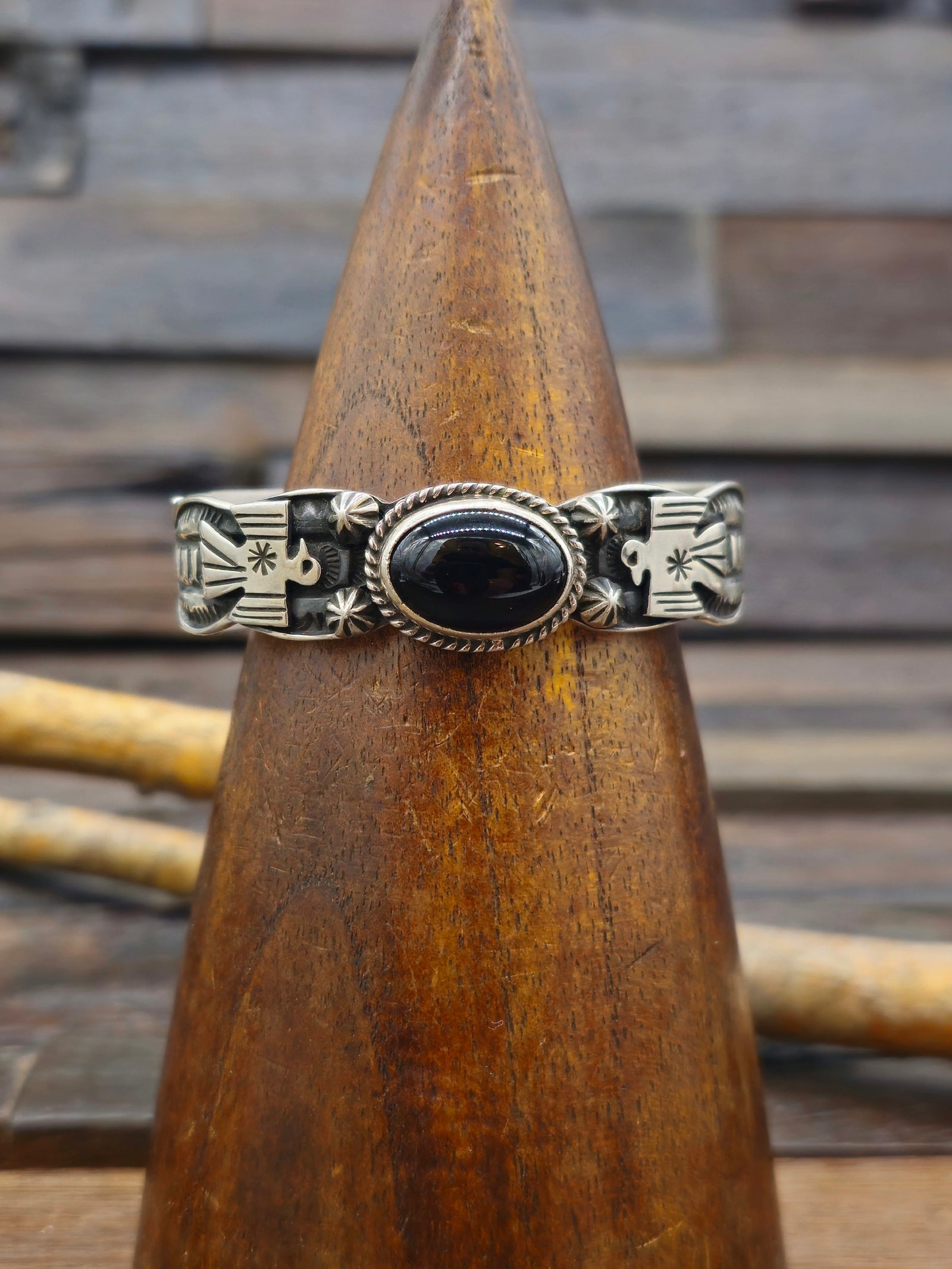 Black Onyx Sterling Silver Thunderbird Cuff by Andy Cadman - 6 1/2 in.