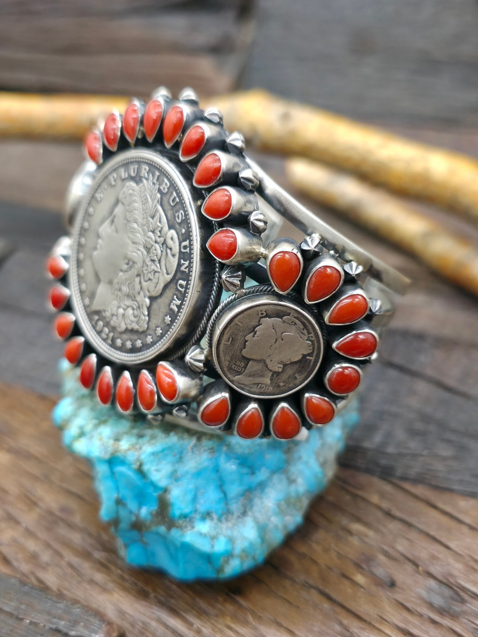 Liberty Dollar and Mercury Dime Coin Silver Cuff with Coral by Mark Yazzie - 7 in. w/Gap