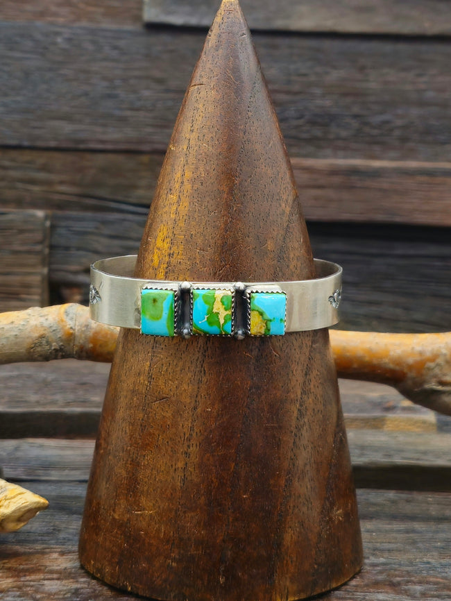 Three-Stone Sonoran Turquoise Sterling Silver Cuff by LaRose Ganadanegro - 6 1/2in.