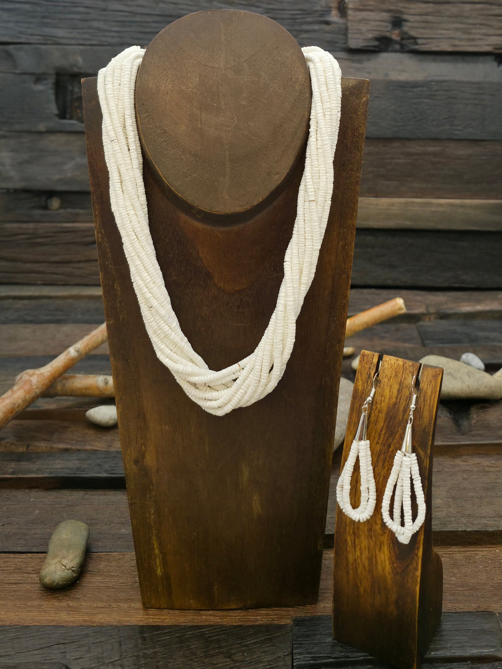 10 Strand Clam Shell Heishi Necklace and Earring Set by Ramona Bird - 18 in.