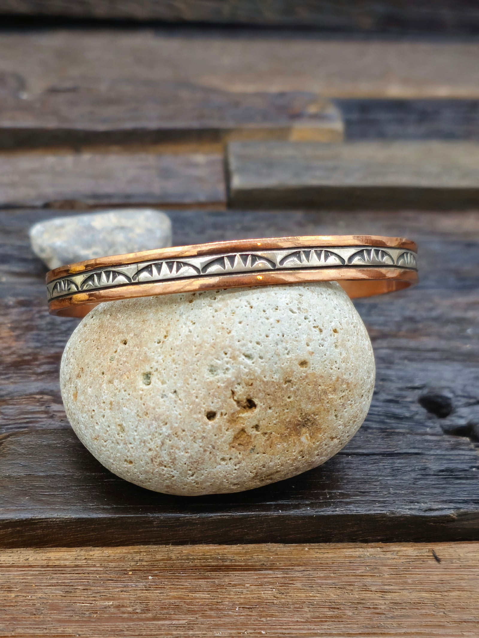 Copper and Sterling Silver Stamped Bangle by Wylie Secatero