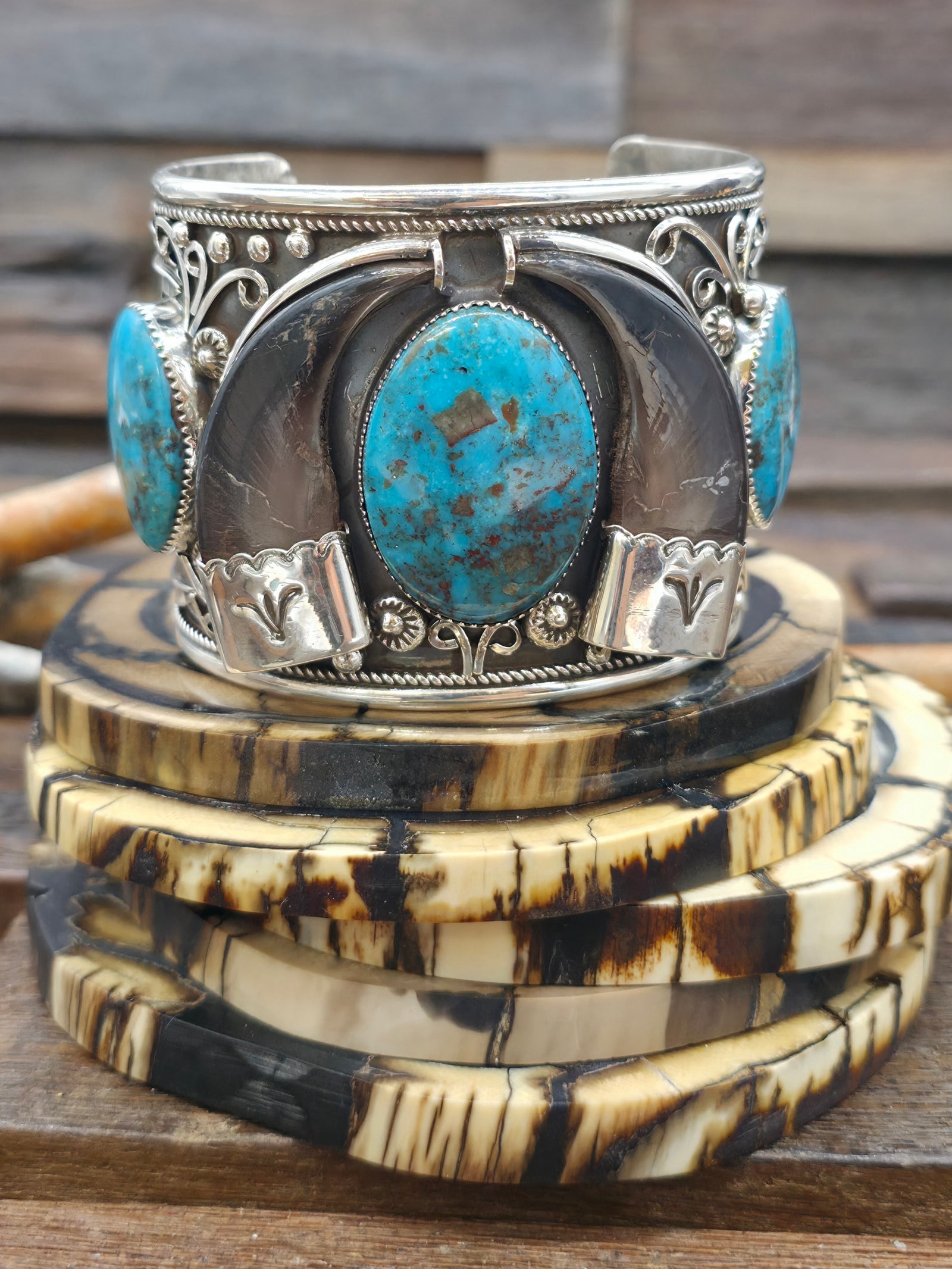 Five Stone Sterling Silver Leaf Applique Cuff with Bear Claws and Turquoise by Ernest Hawthorne - 7 1/2 in. with Gap