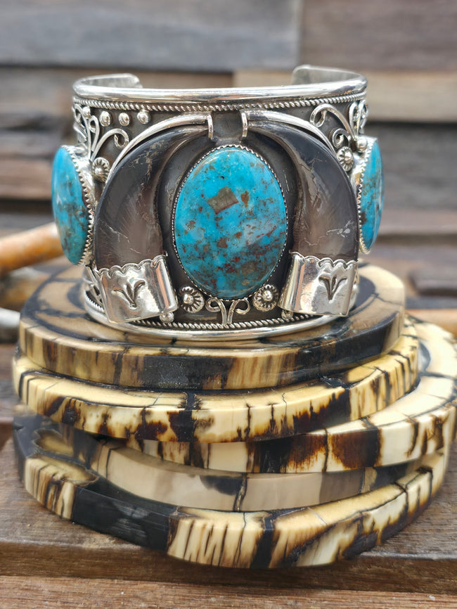 Five Stone Sterling Silver Leaf Applique Cuff with Bear Claws and Turquoise by Ernest Hawthorne - 7 1/2 in. with Gap