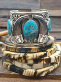 Five Stone Sterling Silver Leaf Applique Cuff with Bear Claws and Turquoise by Ernest Hawthorne - 7 1/2 in. with Gap