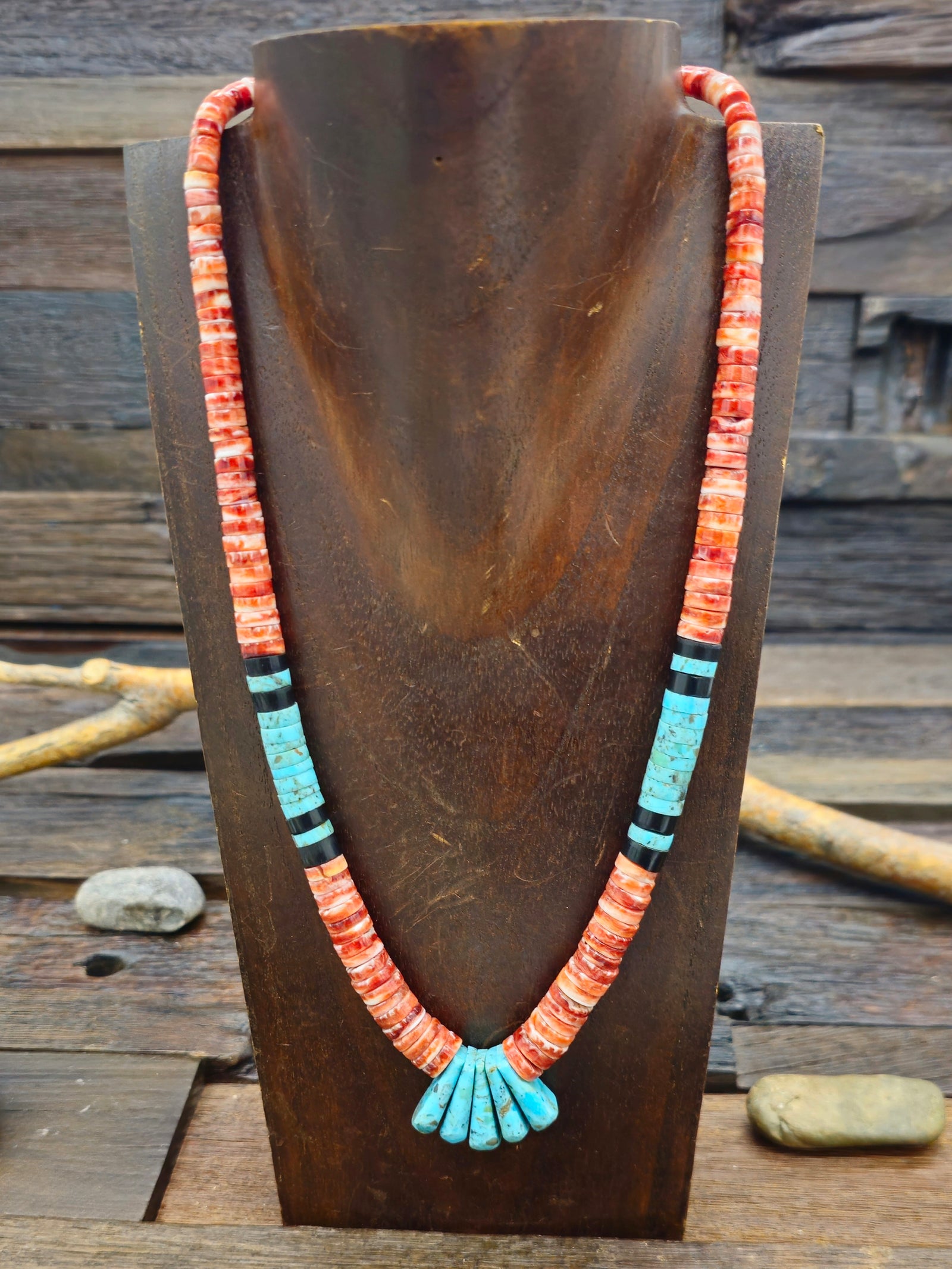 Turquoise, Jet, and Orange Spiny Oyster Necklace by Lupe Lovato - 20 in