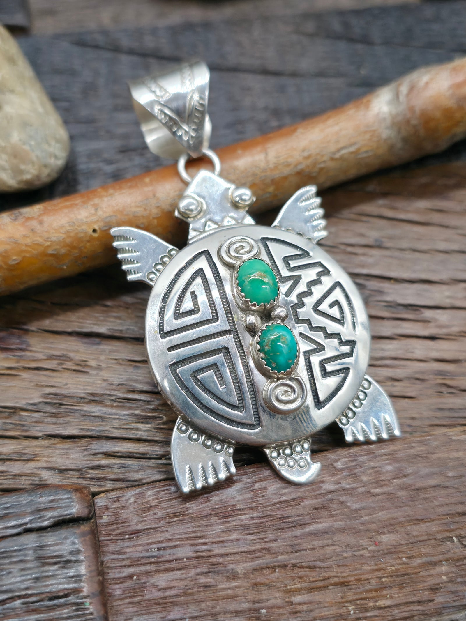 Sterling Silver Sonoran Turquoise Turtle Pendant by Alonzo Mariano - 3 in by 1 1/2 in.