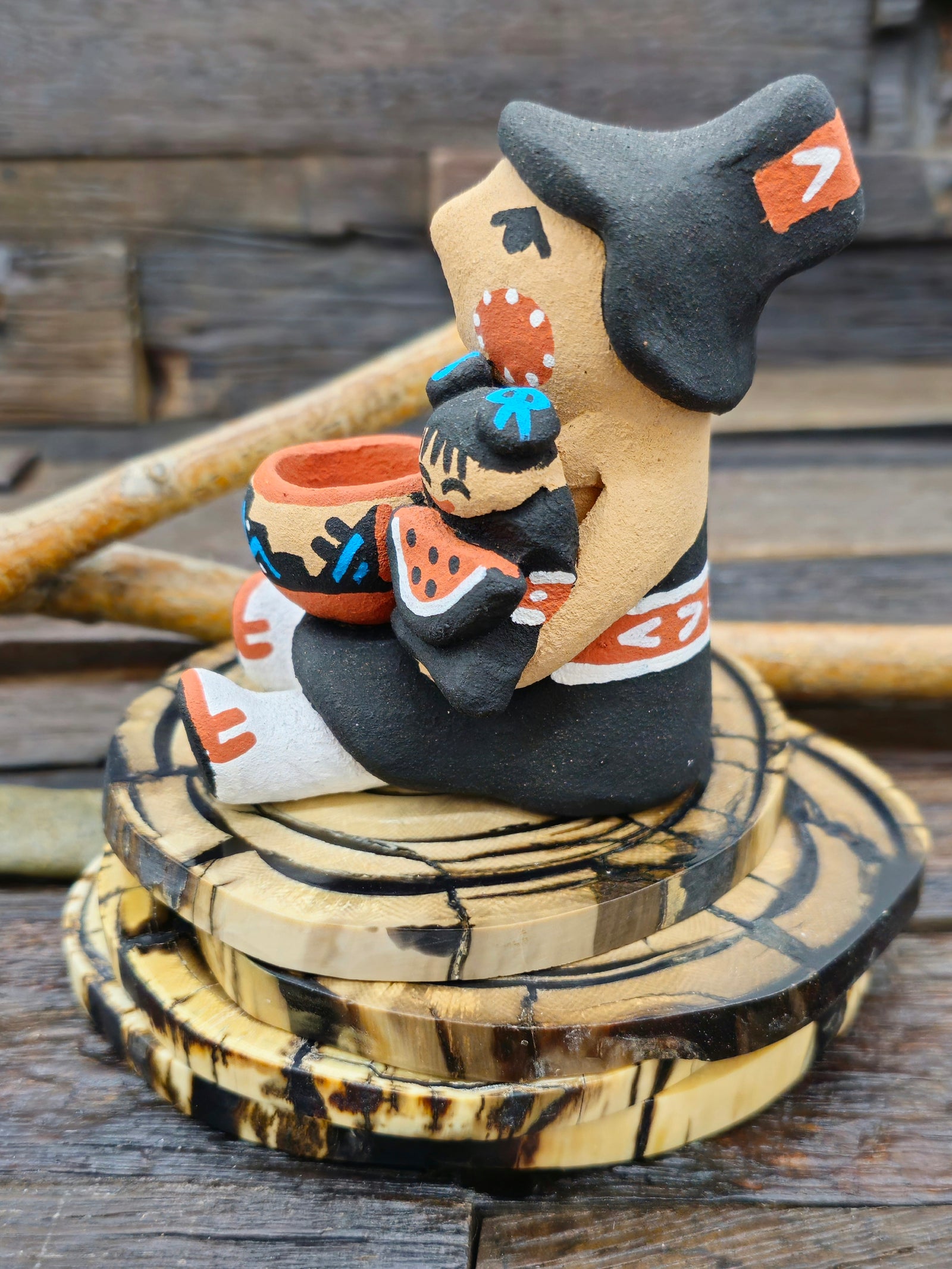 Jemez Storyteller Figurine with Girl, Bowl, and Watermelon by Tim Tosa - 4" by 2" by 3"