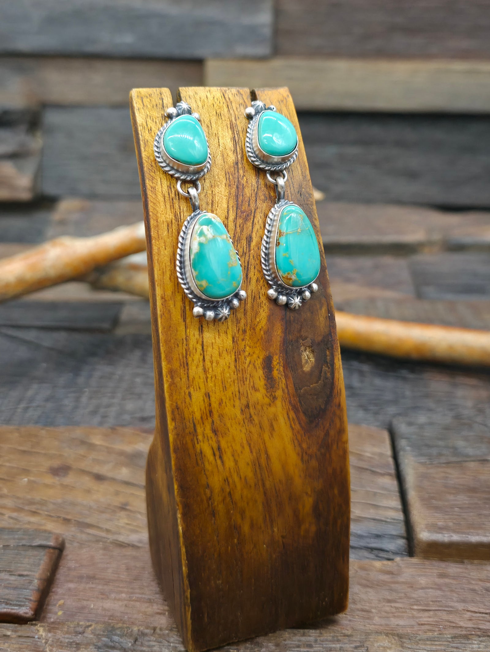 Two Stone Sterling Silver Green Turquoise Earrings by Freida Martinez - 2 1/4 in. by 1/2 in.