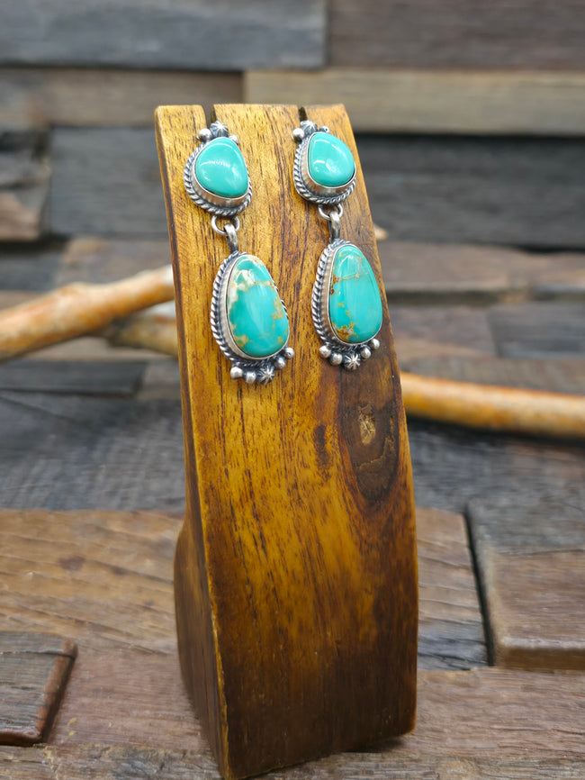 Two Stone Sterling Silver Green Turquoise Earrings by Freida Martinez - 2 1/4 in. by 1/2 in.