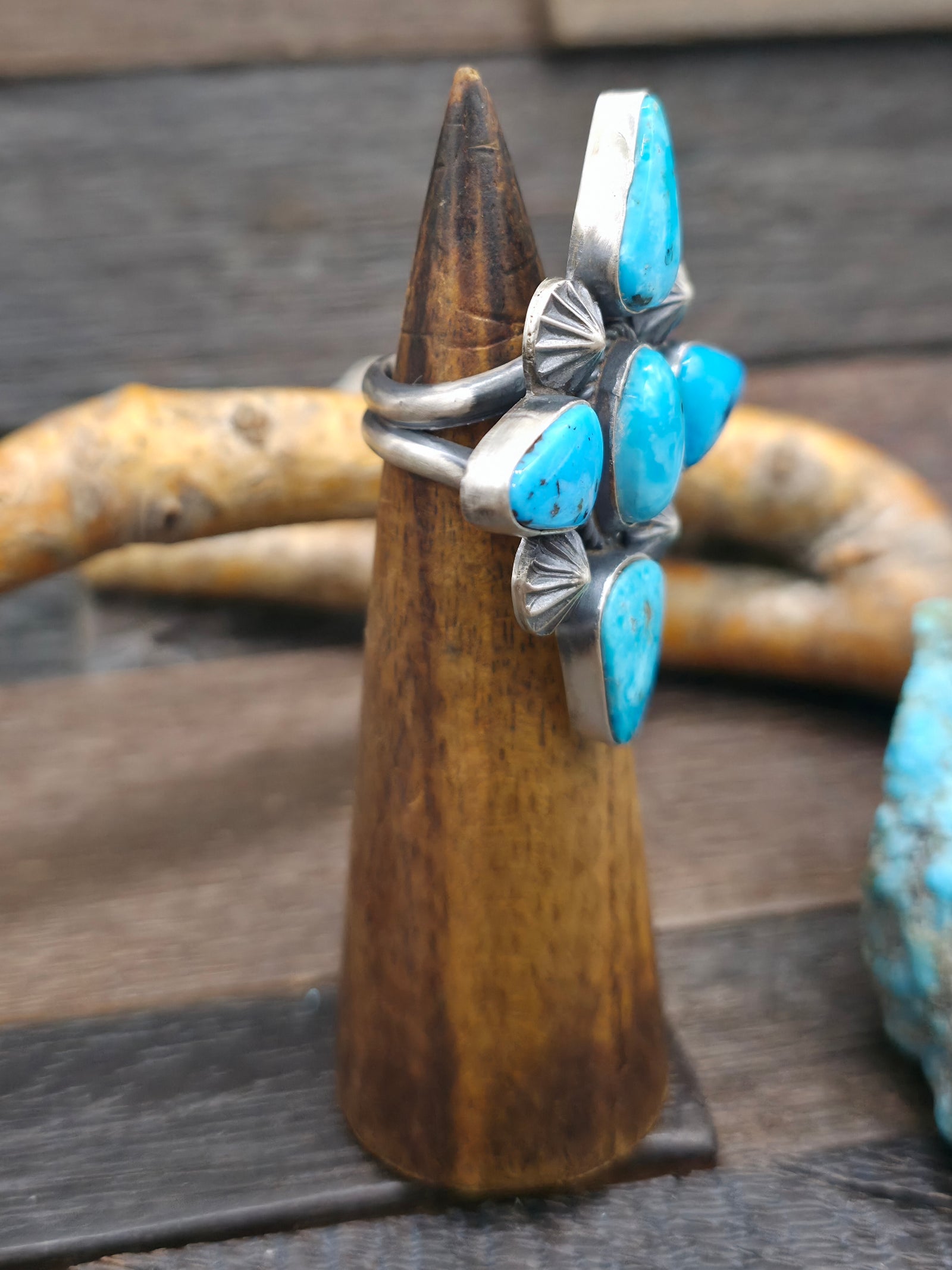 Five Stone Sterling Silver Kingman Turquoise Ring by Rosella Paxson - Adjustable