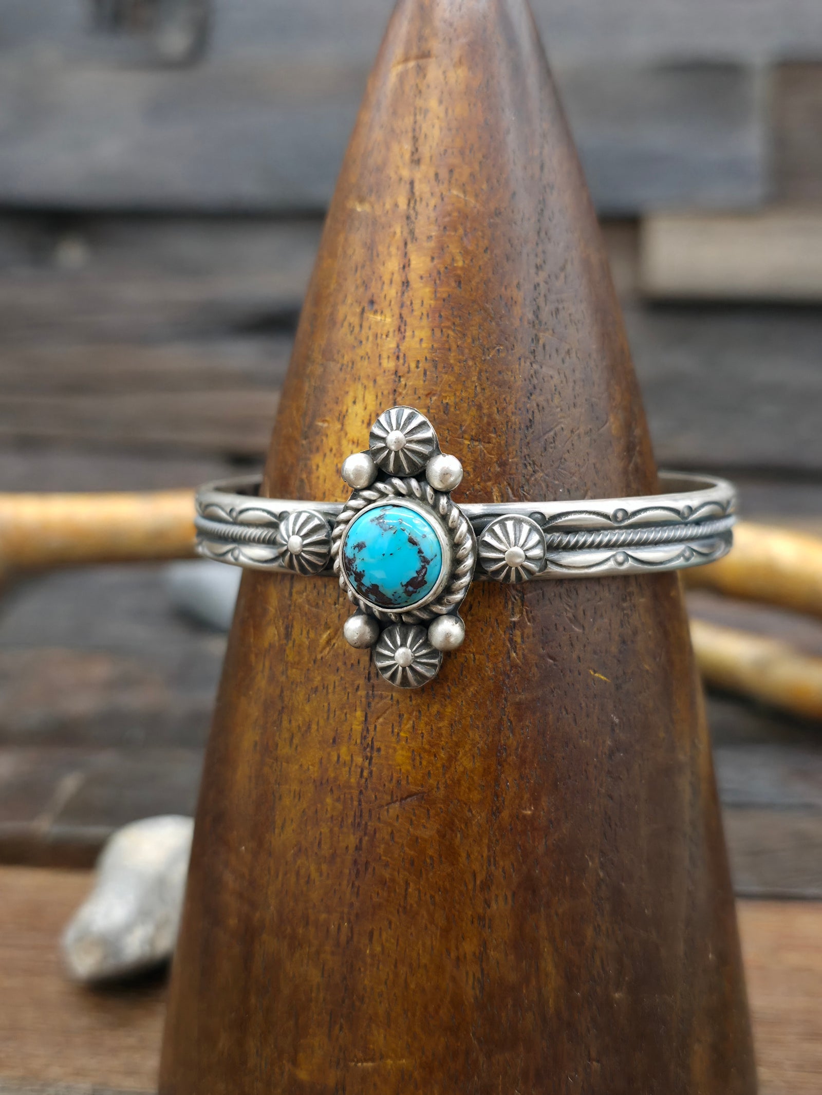 Stamped Sterling Silver Kingman Turquoise Cuff by Michael Calladito - 6 3/4 in w/gap