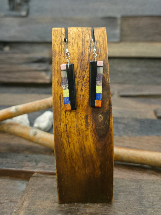 Multi Stone Jet Mosaic Inlay Earrings by Mary Tafoya - 2 1/4 in. by 3/8 in.