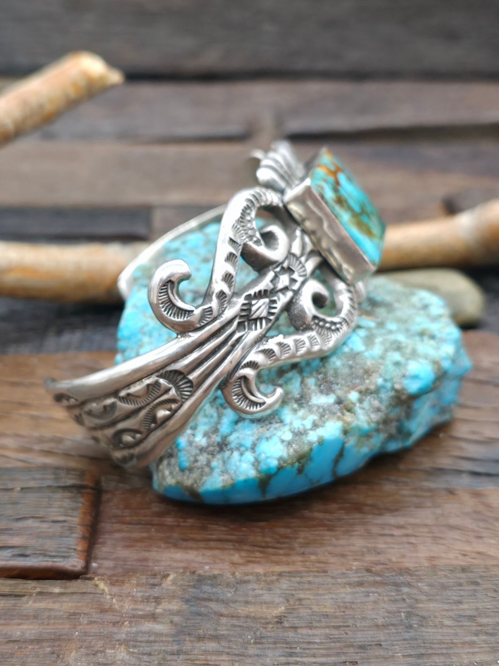 Extra Large Cast and Stamped Sterling Silver and Turquoise Cuff - 9 in. with Gap