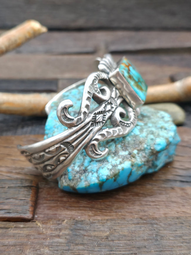 Extra Large Cast and Stamped Sterling Silver and Turquoise Cuff - 9 in. with Gap