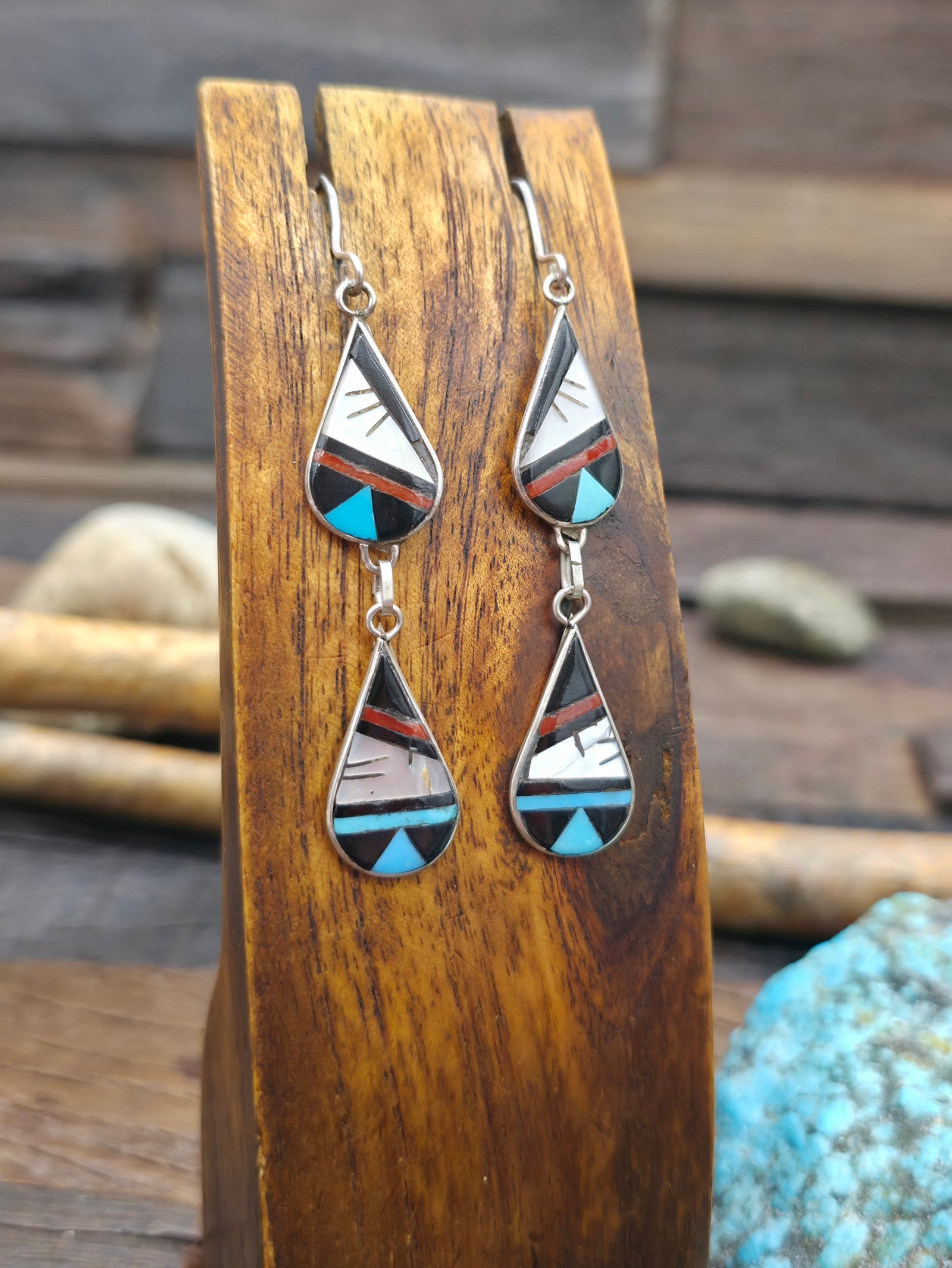 Two Tier Sterling Silver Zuni Inlay Earrings by Kallestewa