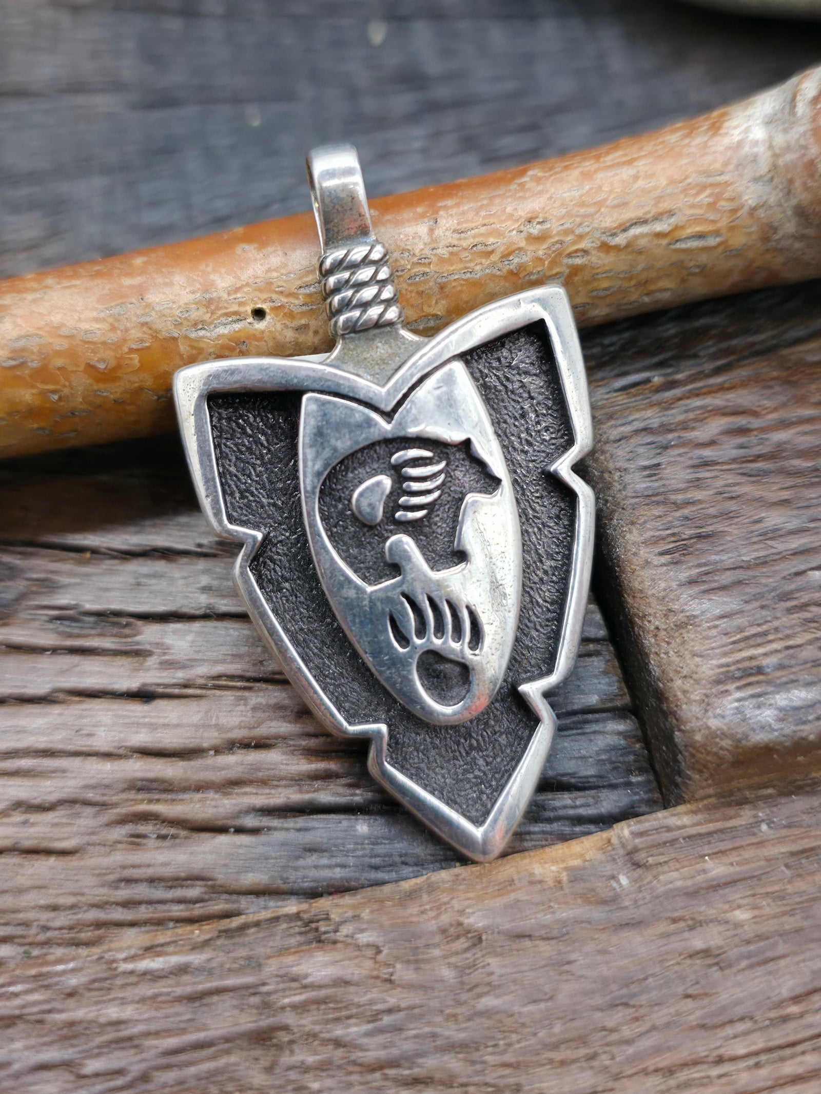 Sterling Silver Arrowhead Pendant - Bear  NON NATIVE MADE - 2 1/4 in. by 1 1/4 in.