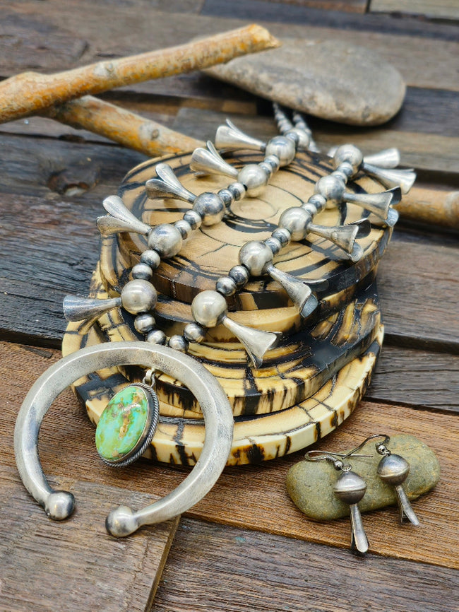 Green Turquoise and Sterling Silver Squash Blossom Necklace