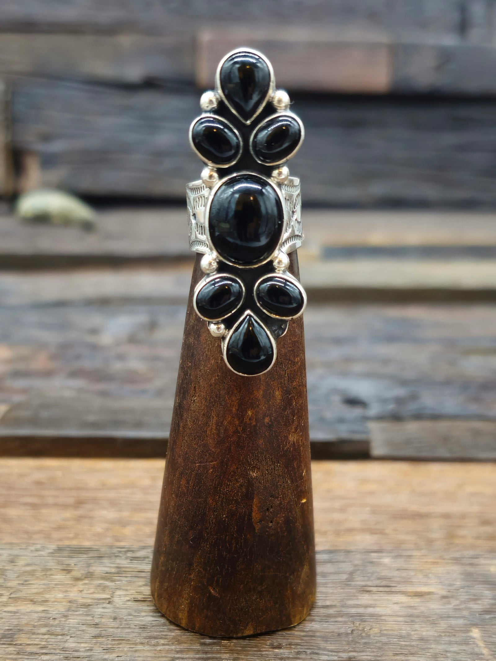Sterling Silver Black Onyx Cluster Ring - Size 6
