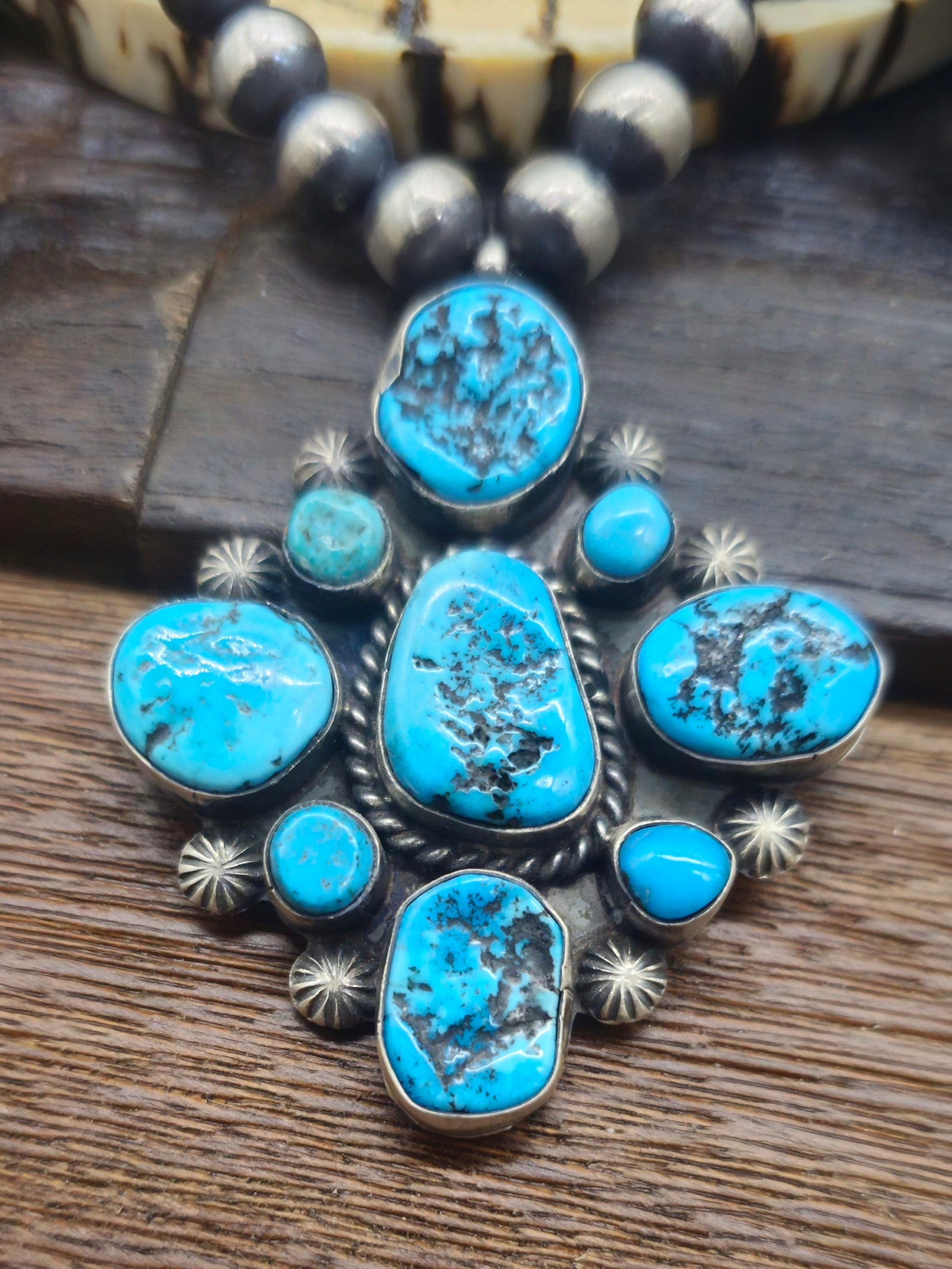 Turquoise Cluster Oxidized Sterling Silver Bead Necklace and Earring Set by Wilson Dawes - 22 in.