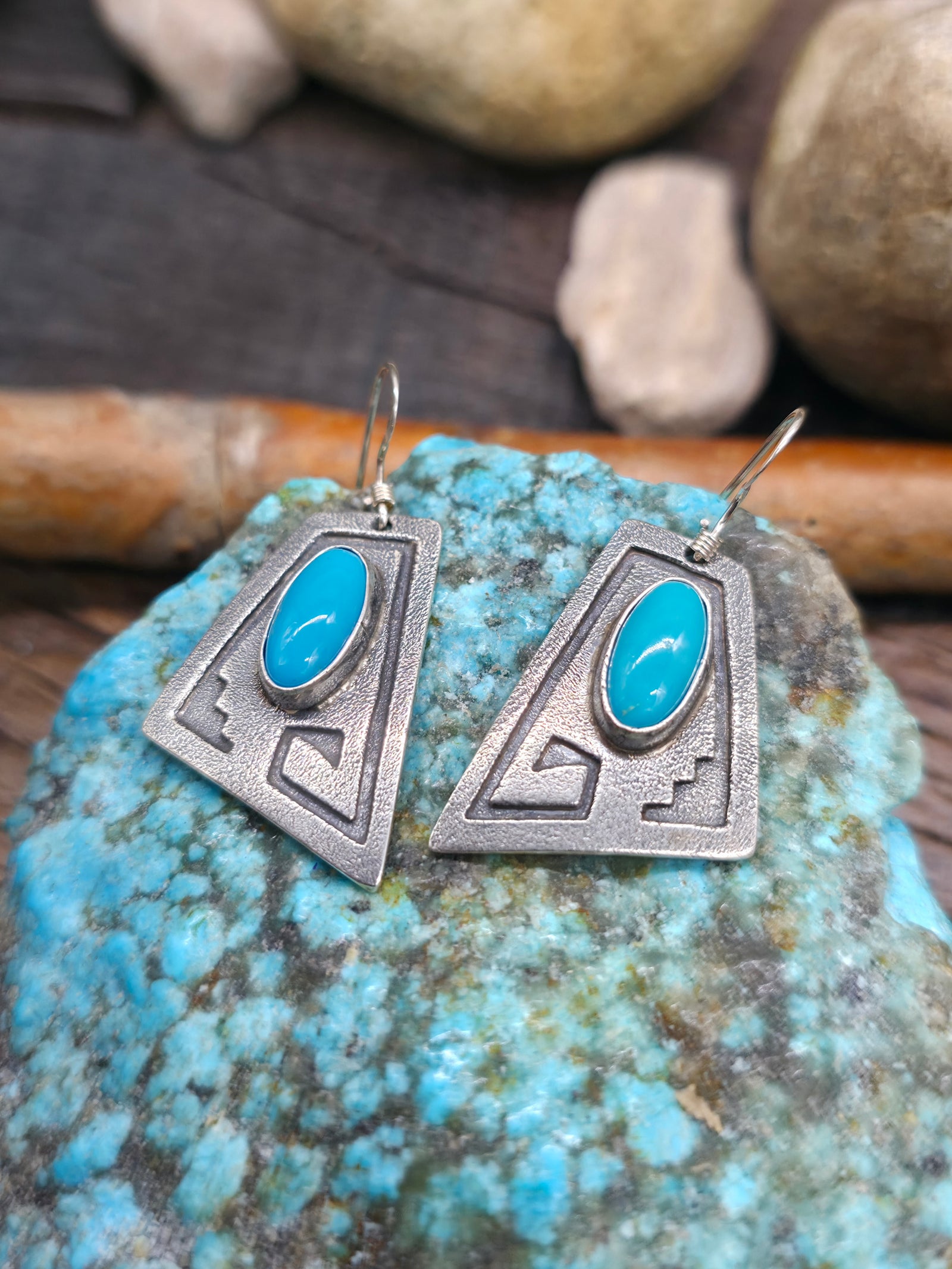 Cast Sterling Silver Turquoise Earrings by Mary and Everette Teller - 1 1/2 in. by 1 in.