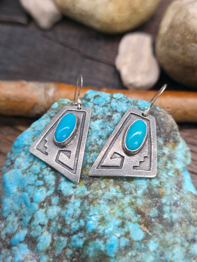 Cast Sterling Silver Turquoise Earrings by Mary and Everette Teller - 1 1/2 in. by 1 in.