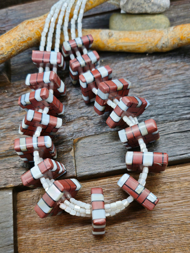 Pipestone and Mother-of-Pearl Mosaic Inlay Necklace by Rena Owen - 20 in