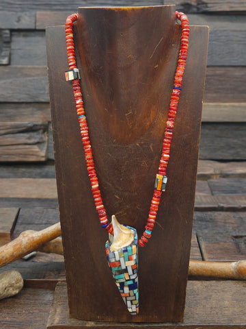 Reversible Turquoise, Spiny Oyster, Mother of Pearl, and Lapis Pendant Necklace by Charlene Reano - 18 in.